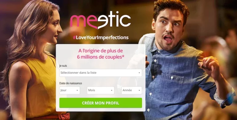 Capture d'écran du site Meetic, l'un des meilleurs sites de rencontre en ligne en France, avec des fonctionnalités pour trouver l'amour.